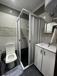 une salle de bains avec douche, toilettes et lavabo dans l'établissement Coastal vibes tanger, à Tanger