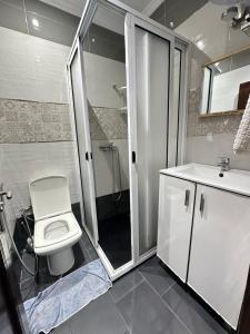 une salle de bain avec toilettes, douche et lavabo dans l'établissement Coastal vibes tanger, à Tanger