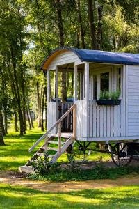 a small white shed with a porch on a field at Camping Papillon Kinrooi - Pipowagen 2p terras in Kinrooi