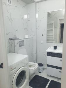 a white bathroom with a washing machine in it at Botanica Aeroport in Chişinău