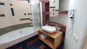 基辅Apartment with terrace on Khreschatyk, Bessarabska Square的带水槽和浴缸的浴室 更多17张照片