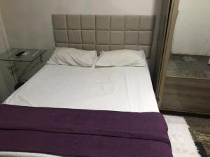 レシフェにあるLê Frevo Pernambucanoのベッドルーム(紫の毛布を使用した白いベッド付)