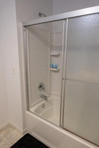 a shower with a glass door in a bathroom at Convenient Countryside Oasis in Caledonia