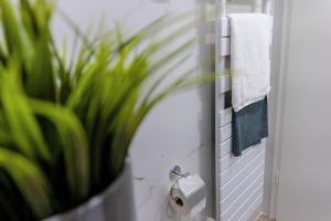 a bathroom with a toilet paper dispenser and a plant at Modernes Apartment für Monteure, Projektteams und Privatreisende in Willstätt
