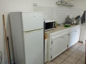 a kitchen with a white refrigerator and a microwave at Petite Kaz KRÉOL in Basse-Terre