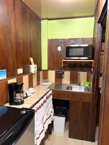 a small kitchen with a sink and a microwave at Hospedaje Angeluz in Quesada