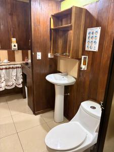 a bathroom with a toilet and a sink at Hospedaje Angeluz in Quesada