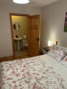 een slaapkamer met een bed en een badkamer met een wastafel bij Belmullet Town Holiday Home in Belmullet