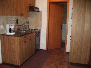 a kitchen with a sink and a stove and a door at Glyssen 22 Schwanden in Kienholz