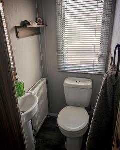 a small bathroom with a toilet and a sink at Primrose Valley Primrose field 4 in Filey