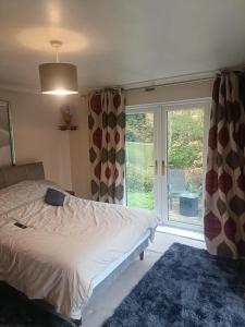 ダービーにあるWillow Lodgeのベッドと大きな窓のある寝室