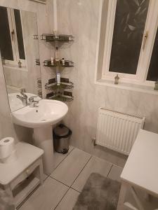 a white bathroom with a sink and a mirror at Willow Lodge in Derby +8 photos