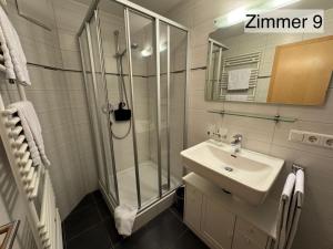 a bathroom with a shower and a sink at Landgasthof Rössle in Kressbronn am Bodensee +53 photos