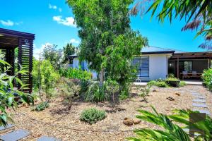 a garden with a tree in front of a house at 2 Settlement Court Bargara QLD 4670 in Windermere