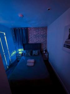 a blue room with a bed with a blue ceiling at Guest House Paradise Central in Maidstone