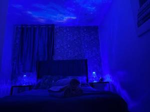 a blue room with a bed with a blue ceiling at Guest House Paradise Central in Maidstone +6 photos