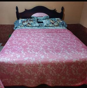 ein Bett mit einer rosa Decke und Kissen darauf in der Unterkunft Hotel Venus in Las Victorias