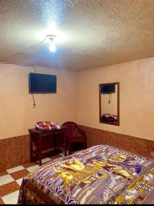 ein Schlafzimmer mit einem Bett, einem Spiegel und einem Tisch in der Unterkunft Hotel Venus in Las Victorias