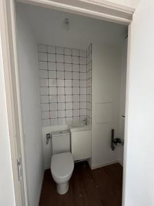 une petite salle de bain avec toilettes et lavabo dans l'établissement Nouveau - Élégants appartements rénovés en centre-ville, à Aubenas 2 autres photos