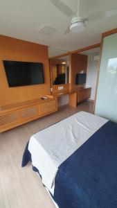 una camera da letto con un letto grande e una TV a schermo piatto di Flat lindo em pedra azul a Pedra Azul