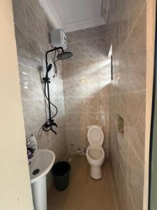 a small bathroom with a toilet and a sink at MD Homes and Shortlet in Lagos
