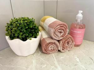 a bathroom with towels and a plant and a bottle of soap at Bella's Beach House in Venus Bay +10 photos
