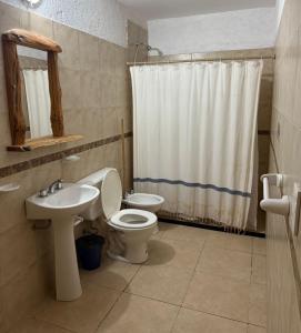 ein Badezimmer mit Toilette, Waschbecken und Dusche in der Unterkunft Cabañas La Cautiva in Tanti
