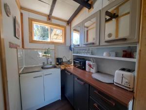 a small kitchen with a sink and a counter at Cabaña 2 Atardecer Fandango in Chaitén