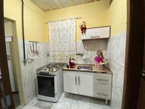 a small kitchen with a stove and a sink at kitinet centro econômico in Santo Antônio do Pinhal