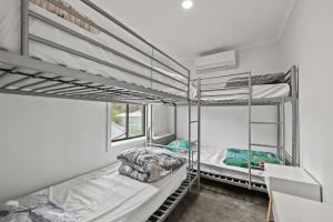 two bunk beds in a room with a window at 36 Lacrington St, Goolwa Beach in Goolwa South