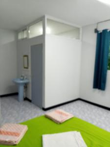 a room with a bed with a green blanket at Bovenwoning Masusa in Paramaribo