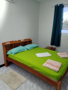 a bedroom with a bed with green sheets and a window at Bovenwoning Masusa in Paramaribo +21 photos