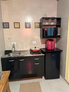 a small kitchen with a sink and a pink appliance at Loft BC ESTÚDIO Centro in Balneário Camboriú