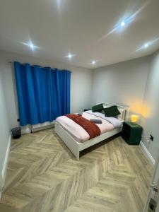 a bedroom with a bed and a blue curtain at Richard guest house in Roydon