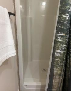 eine Dusche in einem Badezimmer mit Duschvorhang in der Unterkunft Luxurious & Spacious 4-Bedroom Vacation Home in Edmonton