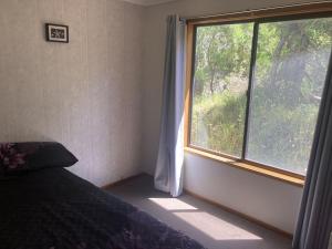 une chambre avec un lit et une grande fenêtre dans l'établissement Jupiter 69, à Evergreen