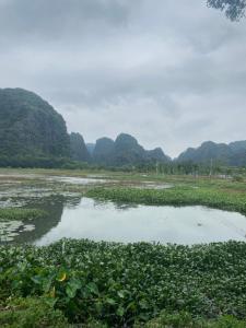 Vũ LâmBig D hostel的一片水域，远处是群山。
