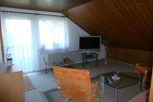 een woonkamer met een televisie en een stoel bij Ferienwohnung Casa Marlies In Daun in Daun