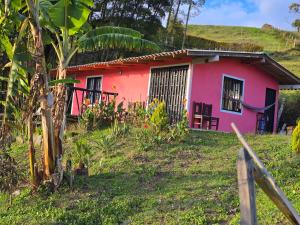 a pink house with a grass roof at Finca La Preciosura in Horizonte