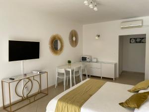 a bedroom with a bed and a table and a tv at Villa Katarina Studio Apartments in Dubrovnik