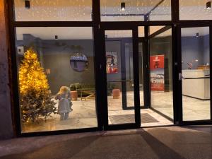 een kerstdisplay in een etalage met een kerstboom bij Ski Zoo Apartments, new gudauri in Kʼumlistsʼikhe +25 foto's
