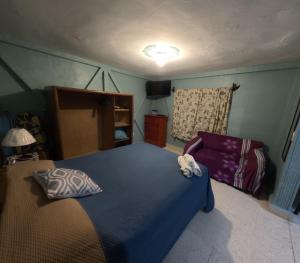 ein Schlafzimmer mit einem blauen Bett und einer lila Couch in der Unterkunft Departamentos muy cercanos al aeropuerto T2 wifi free in Mexiko-Stadt + 144 Fotos