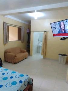 een woonkamer met een bank en een flatscreen-tv bij Emerald forest apartment in Iquitos