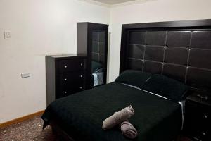 ein Schlafzimmer mit einem großen Bett mit schwarzem Kopfteil in der Unterkunft SUITE 6, Centro de Cuauhtémoc Chihuahua in Cuauhtémoc