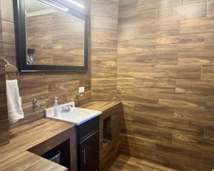 ein Badezimmer mit Waschbecken und Spiegel in der Unterkunft SUITE 6, Centro de Cuauhtémoc Chihuahua in Cuauhtémoc