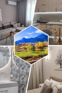 スモリャンにあるАпартамент "Rodopi" с Гледка към Езеро Безплатен Подземен Гаражのキッチンと部屋の画像のコラージュ