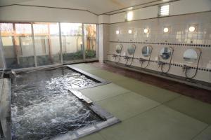a bathroom with a pool of water and urinals at Hotel New Kotobuki in Matsumoto