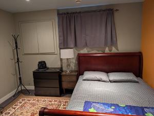 埃德蒙顿2-Room Suite in South Edmonton的一间带床、灯和窗户的卧室