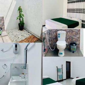 a collage of pictures of a bathroom with a toilet and a sink at Wilpattu Nuga Lodge in Pahala Maragahawewa