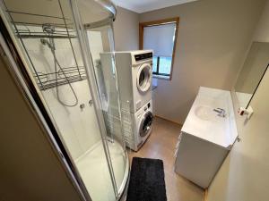 a bathroom with a washing machine and a sink at Shelby s Lodge in Evergreen +32 photos